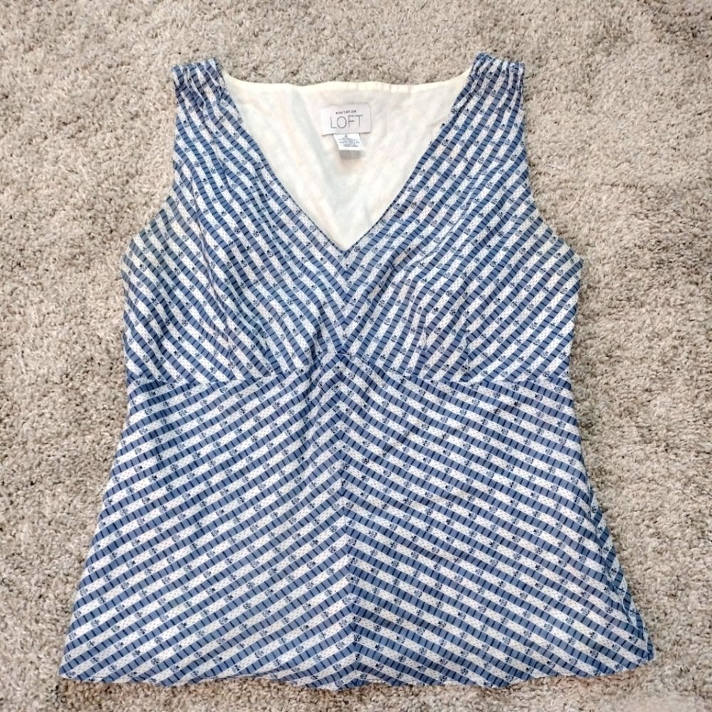 LOFT Blue and White Striped Fitted V-Neck Peplum Style Tank Top Sz 4